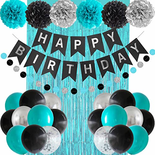 ANSOMO Black Teal Blue and Silver Happy Birthday Party Decorations Turquoise Aqua Balloons Décor Supplies Men Women Boys Girls 1st 2nd 3rd 16th 20th 25th 30th 35th 40th 45th 50th 60th 70th