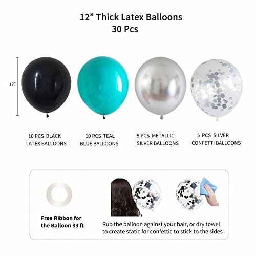 ANSOMO Black Teal Blue and Silver Happy Birthday Party Decorations Turquoise Aqua Balloons Décor Supplies Men Women Boys Girls 1st 2nd 3rd 16th 20th 25th 30th 35th 40th 45th 50th 60th 70th