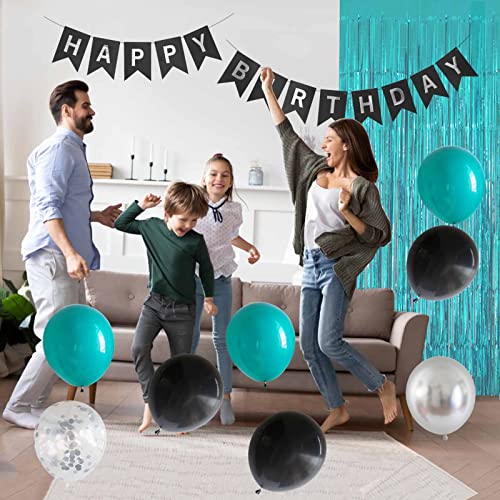 ANSOMO Black Teal Blue and Silver Happy Birthday Party Decorations Turquoise Aqua Balloons Décor Supplies Men Women Boys Girls 1st 2nd 3rd 16th 20th 25th 30th 35th 40th 45th 50th 60th 70th