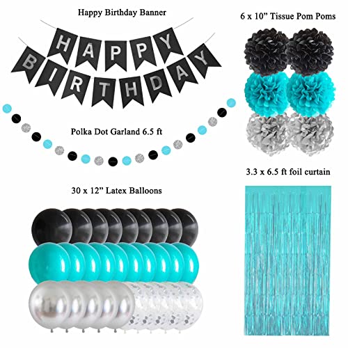 ANSOMO Black Teal Blue and Silver Happy Birthday Party Decorations Turquoise Aqua Balloons Décor Supplies Men Women Boys Girls 1st 2nd 3rd 16th 20th 25th 30th 35th 40th 45th 50th 60th 70th