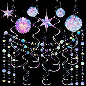 ganory 29 pieces home iridescent party supplies kit with hanging honeycomb ball decorative paper fan snowflake garlands white star hanging swirl decorations for birthday wedding party decorations