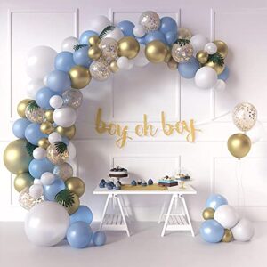 sweet baby co. boy baby shower blue balloon garland arch kit for boy with greenery leaves decorations, boy oh boy banner, confetti, metallic gold, white, baby blue balloons | elephant party decoration