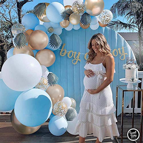 Sweet Baby Co. Boy Baby Shower Blue Balloon Garland Arch Kit for Boy with Greenery Leaves Decorations, Boy Oh Boy Banner, Confetti, Metallic Gold, White, Baby Blue Balloons | Elephant Party Decoration