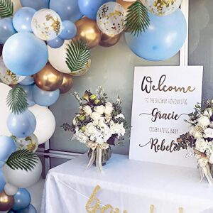 Sweet Baby Co. Boy Baby Shower Blue Balloon Garland Arch Kit for Boy with Greenery Leaves Decorations, Boy Oh Boy Banner, Confetti, Metallic Gold, White, Baby Blue Balloons | Elephant Party Decoration