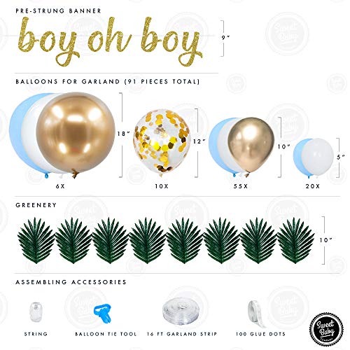 Sweet Baby Co. Boy Baby Shower Blue Balloon Garland Arch Kit for Boy with Greenery Leaves Decorations, Boy Oh Boy Banner, Confetti, Metallic Gold, White, Baby Blue Balloons | Elephant Party Decoration