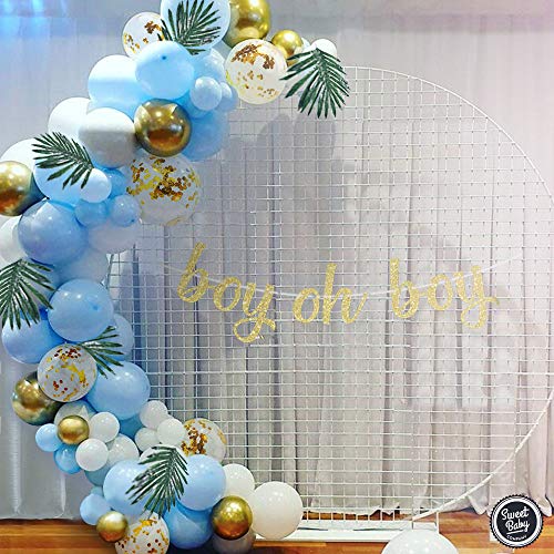 Sweet Baby Co. Boy Baby Shower Blue Balloon Garland Arch Kit for Boy with Greenery Leaves Decorations, Boy Oh Boy Banner, Confetti, Metallic Gold, White, Baby Blue Balloons | Elephant Party Decoration