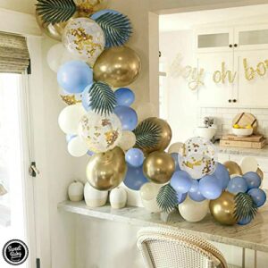 Sweet Baby Co. Boy Baby Shower Blue Balloon Garland Arch Kit for Boy with Greenery Leaves Decorations, Boy Oh Boy Banner, Confetti, Metallic Gold, White, Baby Blue Balloons | Elephant Party Decoration