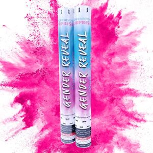 gender reveal surprise powder cannons bundle, 16 inch, non-toxic, 2 pink powder dispensers plus 8 free gender reveal party balloons decorations