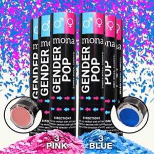 mona gender reveal confetti cannon- 6-pack (3 blue, 3 pink) – gender reveal confetti poppers, baby gender reveal party supplies kit, great gender reveal ideas