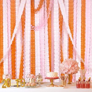 reusable party streamers, merrynine four-leaf clover paper flower garland for party, wedding decoration, 11.81 feet/3.6m each, pack of 6 (pink-white-orange)