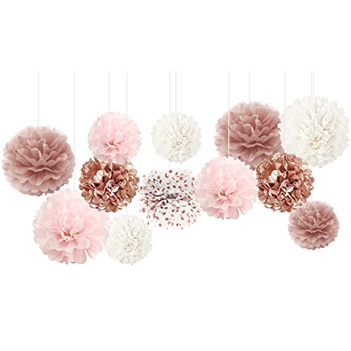 AOBKIAT Wedding Decorations Tissue Paper Pom Poms - 12 PCS Rose Gold Pink White Paper Flower Pom Pom Kit Decorations for Wedding Birthday Baby Shower Bachelorette Bridal Shower Party Supplies