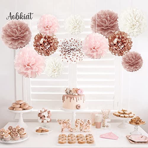 AOBKIAT Wedding Decorations Tissue Paper Pom Poms - 12 PCS Rose Gold Pink White Paper Flower Pom Pom Kit Decorations for Wedding Birthday Baby Shower Bachelorette Bridal Shower Party Supplies