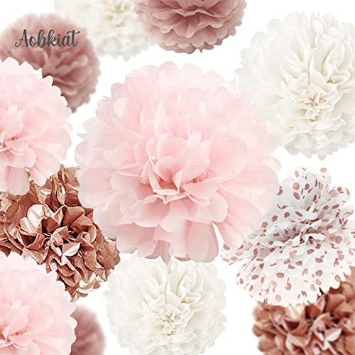 AOBKIAT Wedding Decorations Tissue Paper Pom Poms - 12 PCS Rose Gold Pink White Paper Flower Pom Pom Kit Decorations for Wedding Birthday Baby Shower Bachelorette Bridal Shower Party Supplies