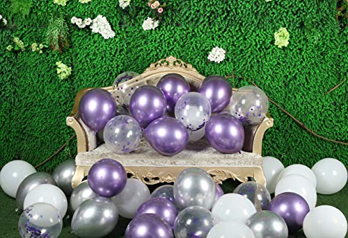 Purple, silver metal balloons and white balloons with purple confetti balloons, each pack of 50 12-inch party balloons birthday, wedding party decoration.