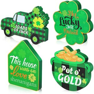 4 pcs st. patrick’s day table wooden signs house pot truck lucky shamrock wooden signs buffalo plaid freestanding irish decor for st patricks day tiered tray desk office home party decor, 4 styles