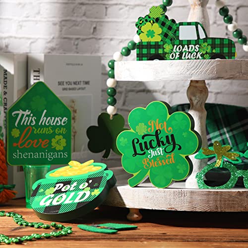 4 Pcs St. Patrick's Day Table Wooden Signs House Pot Truck Lucky Shamrock Wooden Signs Buffalo Plaid Freestanding Irish Decor for St Patricks Day Tiered Tray Desk Office Home Party Decor, 4 Styles