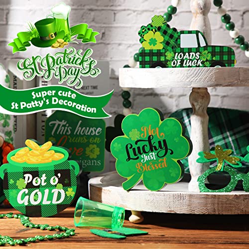 4 Pcs St. Patrick's Day Table Wooden Signs House Pot Truck Lucky Shamrock Wooden Signs Buffalo Plaid Freestanding Irish Decor for St Patricks Day Tiered Tray Desk Office Home Party Decor, 4 Styles