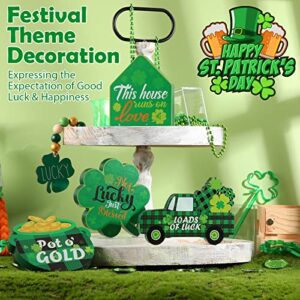 4 Pcs St. Patrick's Day Table Wooden Signs House Pot Truck Lucky Shamrock Wooden Signs Buffalo Plaid Freestanding Irish Decor for St Patricks Day Tiered Tray Desk Office Home Party Decor, 4 Styles