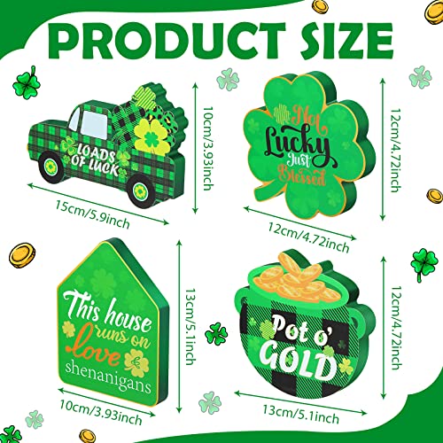 4 Pcs St. Patrick's Day Table Wooden Signs House Pot Truck Lucky Shamrock Wooden Signs Buffalo Plaid Freestanding Irish Decor for St Patricks Day Tiered Tray Desk Office Home Party Decor, 4 Styles