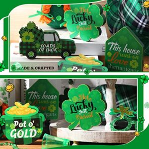 4 Pcs St. Patrick's Day Table Wooden Signs House Pot Truck Lucky Shamrock Wooden Signs Buffalo Plaid Freestanding Irish Decor for St Patricks Day Tiered Tray Desk Office Home Party Decor, 4 Styles