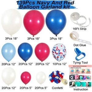 Navy Blue Red White Balloon Garland Kit,139 Pack Navy Red White Confetti Balloon for Boy Blue Birthday Baseball Nautical Theme Party American Flag Party Election Party July 4th Decorations