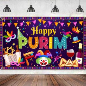 large 71” x 43” happy purim banner, purim decorations backdrop, colorful purim photo backdrop, purim backdrop party indoor outdoor photography background decoration