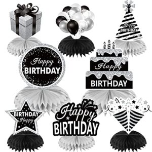 8pcs black white silver birthday decorations honeycomb centerpieces for women men, black white happy birthday table centerpieces party supplies, 16th 21st 30th 40th 50th birthday table topper decor