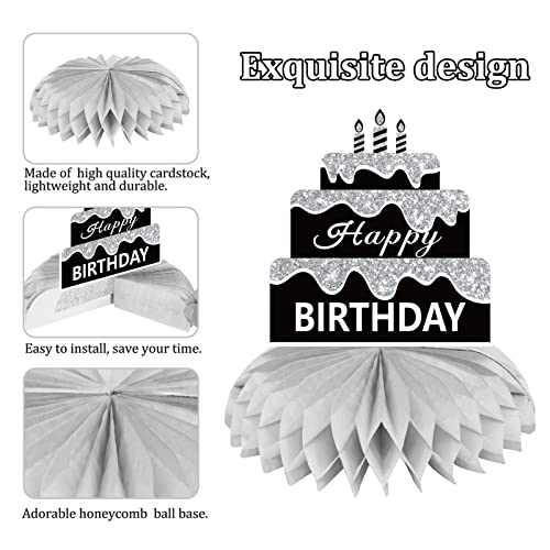 8PCS Black White Silver Birthday Decorations Honeycomb Centerpieces for Women Men, Black White Happy Birthday Table Centerpieces Party Supplies, 16th 21st 30th 40th 50th Birthday Table Topper Decor