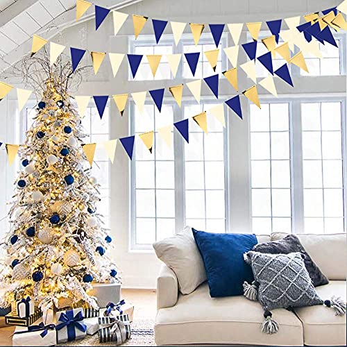 30 Ft Navy Blue Beige Gold Party Decorations Hanging Paper Triangle Flag Pennant Banner Bunting Garland for Bachelorette Engagement Wedding Birthday Baby Bridal Shower Anniversary Hen Party Supplies