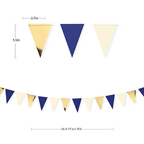 30 Ft Navy Blue Beige Gold Party Decorations Hanging Paper Triangle Flag Pennant Banner Bunting Garland for Bachelorette Engagement Wedding Birthday Baby Bridal Shower Anniversary Hen Party Supplies