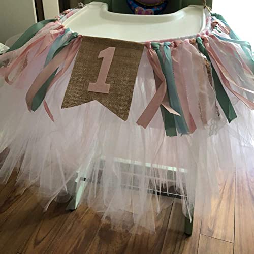 Baby Birthday Decoration - 1st Birthday Baby High Chair Banner Chair Tutu Skirt Decoration for Birthday Party Supplies (Pink&Green)…