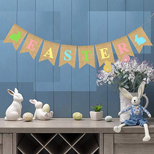 Easter Burlap Garland Banners, Rabbit Bunny Burlap for Easter Decorations Home Office School Outdoor Party Supply