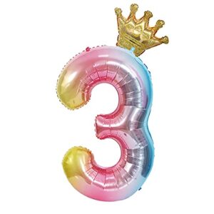 falliny 40 inch rainbow number 3 balloons with detachable crown foil helium digital colorful party birthday decorations for birthday party,wedding, bridal shower engagement photo shoot, anniversary