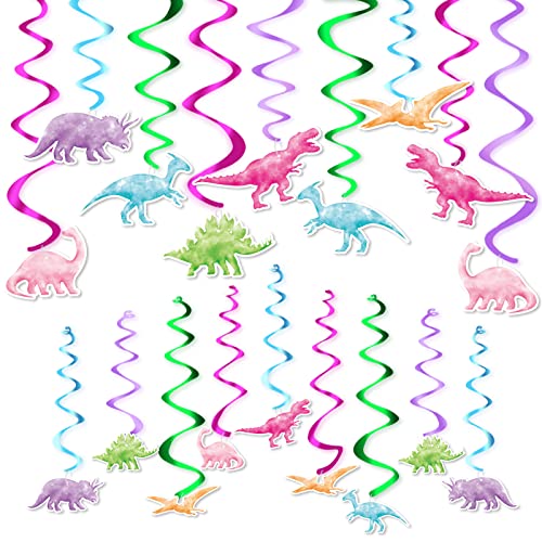 Watercolor Dinosaur Party Hanging Swirl - 24Pcs Dinosaur Party Decorations for Girls Kids Birthday Baby Shower Foil Whirls Ceiling Streamers Spirals Dino Theme Party Supplies