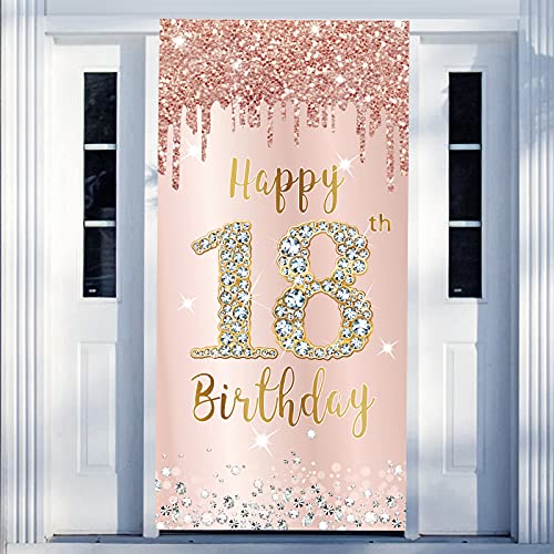 Happy 18th Birthday Door Banner Backdrop Decorations for Girls, Pink Rose Gold 18 Birthday Party Door Cover Sign Supplies, Eighteen Year Old Birthday Poster Background Photo Booth Props Decor