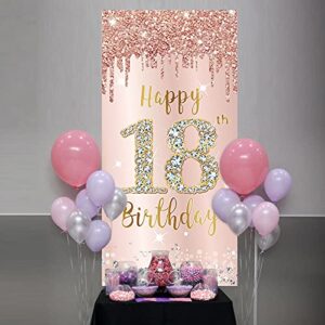 Happy 18th Birthday Door Banner Backdrop Decorations for Girls, Pink Rose Gold 18 Birthday Party Door Cover Sign Supplies, Eighteen Year Old Birthday Poster Background Photo Booth Props Decor