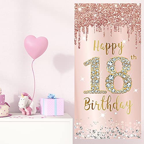 Happy 18th Birthday Door Banner Backdrop Decorations for Girls, Pink Rose Gold 18 Birthday Party Door Cover Sign Supplies, Eighteen Year Old Birthday Poster Background Photo Booth Props Decor