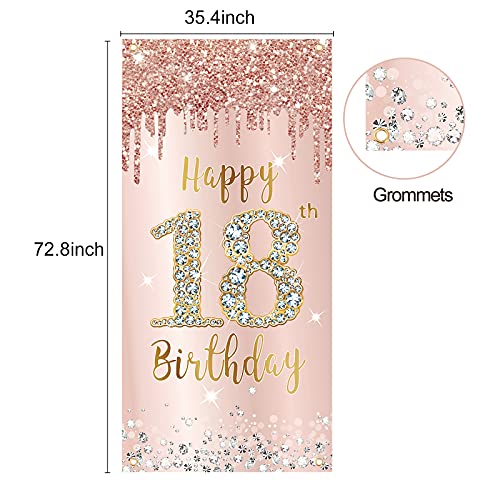 Happy 18th Birthday Door Banner Backdrop Decorations for Girls, Pink Rose Gold 18 Birthday Party Door Cover Sign Supplies, Eighteen Year Old Birthday Poster Background Photo Booth Props Decor