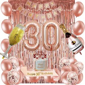 30th birthday decorations for women – rose gold 30 birthday decor for her，happy bday banner kits, rosegold balloons, cake topper, foil balloons and sash for girls women thirty birthday party supplies