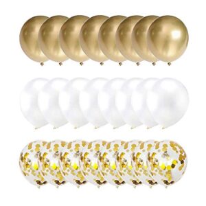 50 pcs balloons set for parties, gold confetti, white and gold chrome pearl balloon party decorations, baby shower décor, pack of 50 thick balloons, gold curling ribbon, natural latex