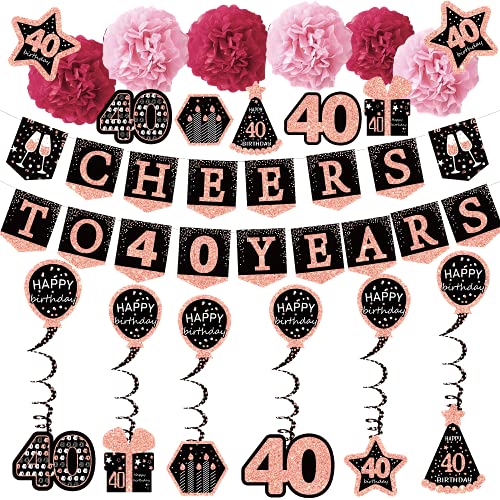 40th birthday decorations for women - (21pack) cheers to 40 years rose gold glitter banner for women, 6 paper Poms, 6 Hanging Swirl, 7 decorations stickers. 40 Years Old Party Supplies gifts for women