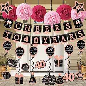 40th birthday decorations for women - (21pack) cheers to 40 years rose gold glitter banner for women, 6 paper Poms, 6 Hanging Swirl, 7 decorations stickers. 40 Years Old Party Supplies gifts for women