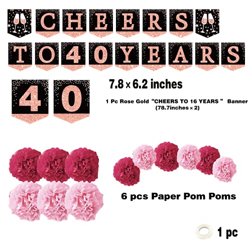 40th birthday decorations for women - (21pack) cheers to 40 years rose gold glitter banner for women, 6 paper Poms, 6 Hanging Swirl, 7 decorations stickers. 40 Years Old Party Supplies gifts for women