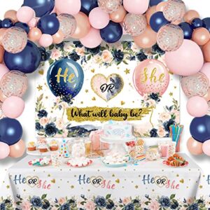 gender reveal decorations navy blue and blush gender reveal backdrop ,he or she gender reveal tablecloth, navy blue and rose gold gender reveal balloons garland kit for baby shower party supplies