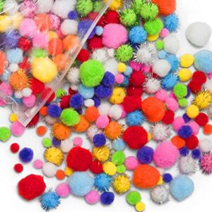 1000 pcs mixed color 1.5, 2 inch pom poms with glittery pom pom balls – assorted sizes pom poms for crafts – bright pom-poms – large and small pom poms arts and crafts – craft poms poms bulk