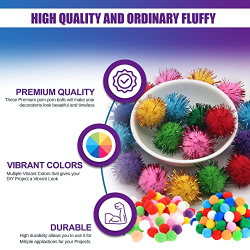 1000 Pcs Mixed Color 1.5, 2 inch Pom Poms with Glittery Pom Pom Balls - Assorted Sizes Pom Poms for Crafts - Bright pom-poms - Large and Small Pom Poms Arts and Crafts - Craft Poms Poms Bulk