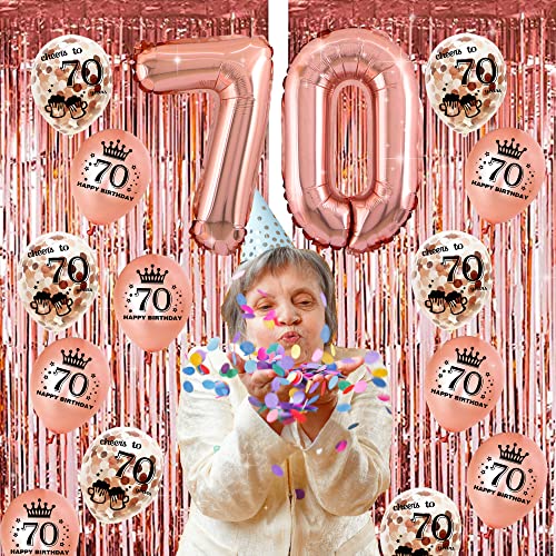 70th birthday decorations for women - (76pack) rose gold party Banner, Pennant, Hanging Swirl, birthday Balloons, Foil Backdrops, cupcake Topper, plates, Photo Props, Birthday Sash for gifts women