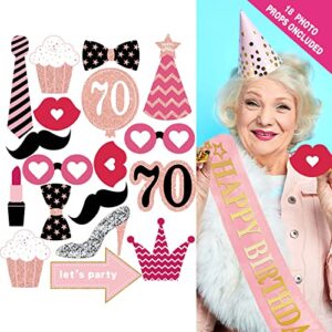 70th birthday decorations for women - (76pack) rose gold party Banner, Pennant, Hanging Swirl, birthday Balloons, Foil Backdrops, cupcake Topper, plates, Photo Props, Birthday Sash for gifts women