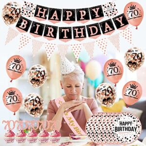 70th birthday decorations for women - (76pack) rose gold party Banner, Pennant, Hanging Swirl, birthday Balloons, Foil Backdrops, cupcake Topper, plates, Photo Props, Birthday Sash for gifts women