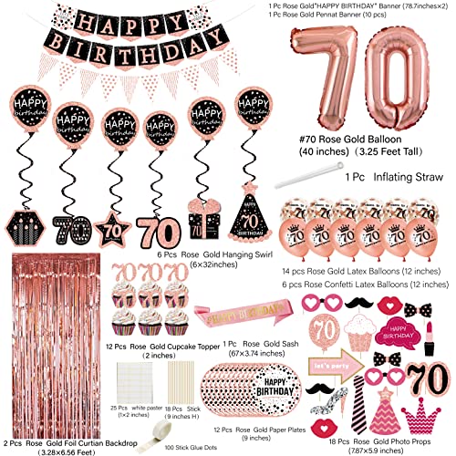 70th birthday decorations for women - (76pack) rose gold party Banner, Pennant, Hanging Swirl, birthday Balloons, Foil Backdrops, cupcake Topper, plates, Photo Props, Birthday Sash for gifts women